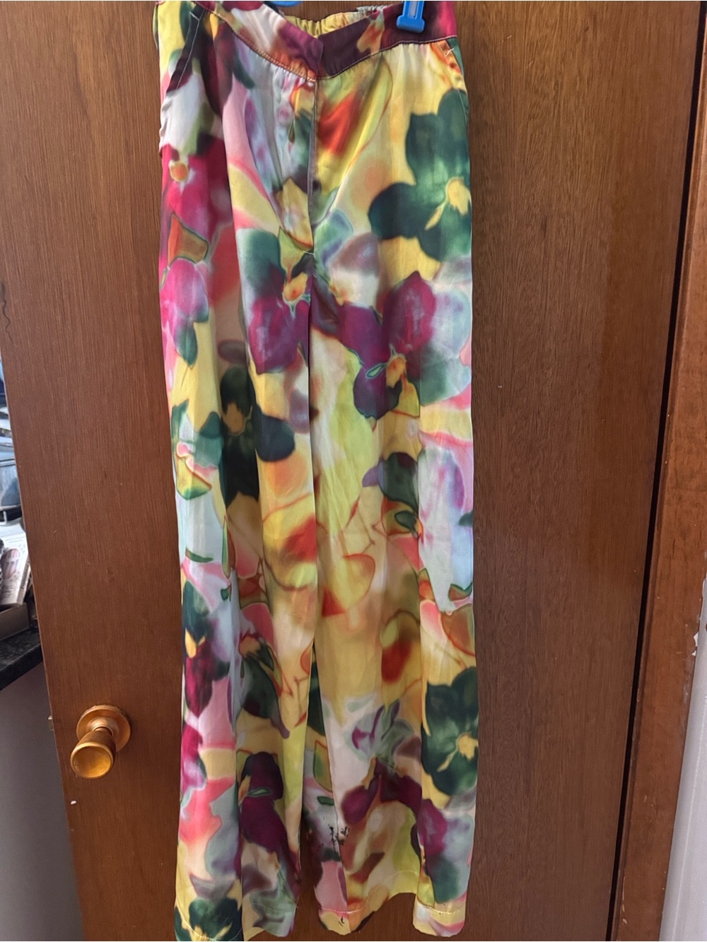 Wide Leg Floral Print Satin Pants - Yellow Multi